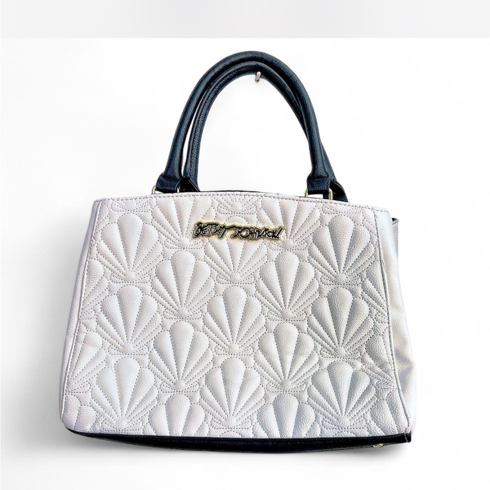 Betsey Johnson Quilted Sea Shell Bowler Bag Black &White w/ black floral lining